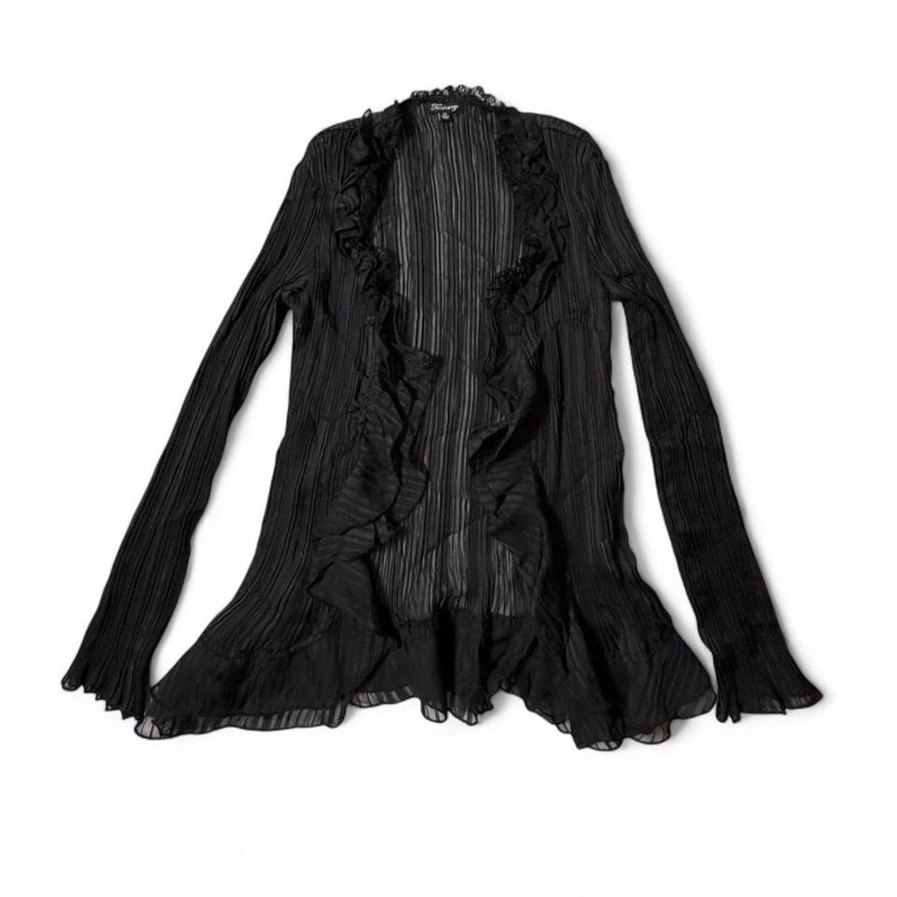 Vintage Y2K Teaberry Whimsigoth Black Sheer Plisse Ruffle Open Cardigan